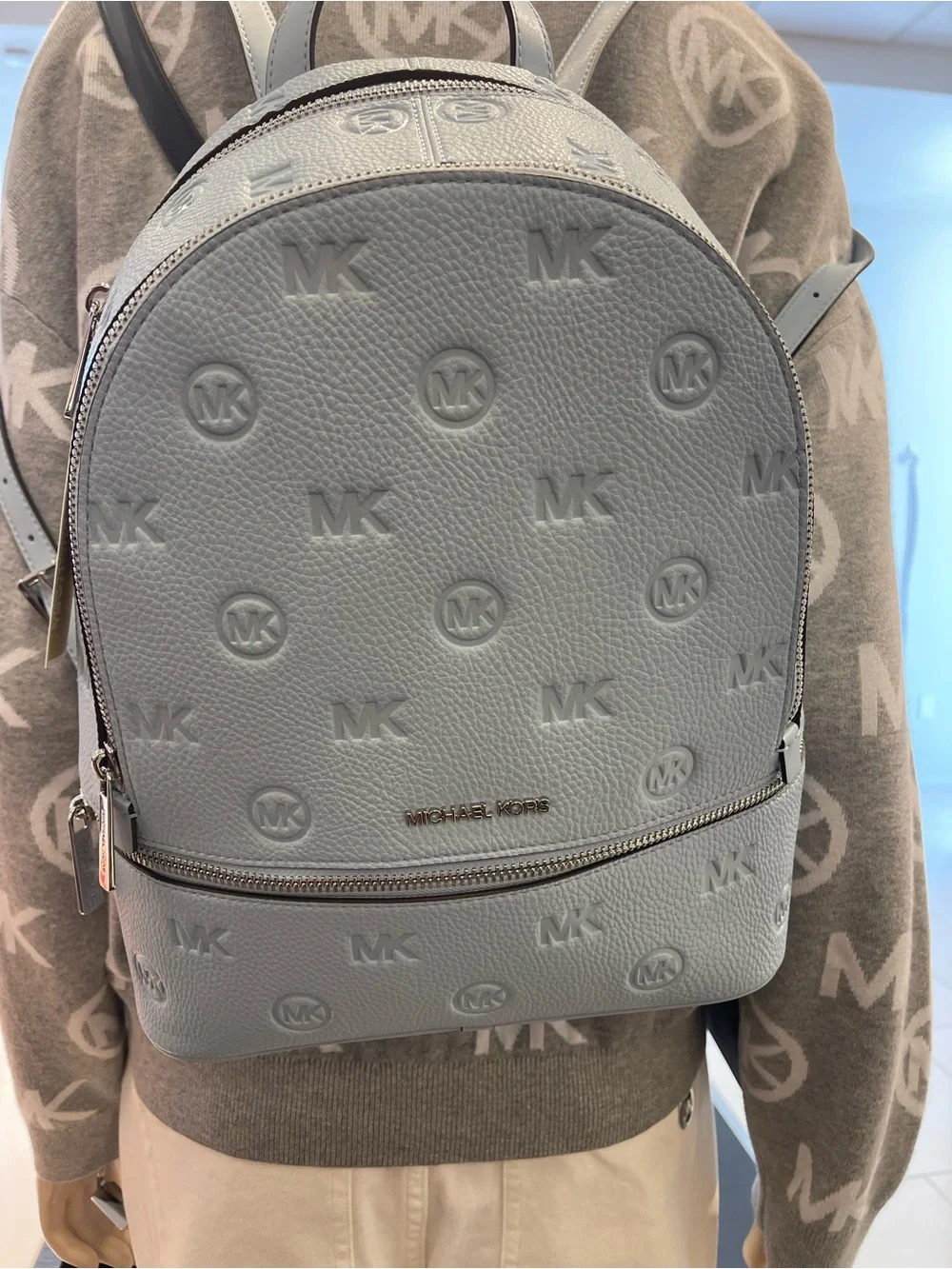 Michael Kors Rhea Medium Zip Logo Debossed Backpack Pale Ocean NWT